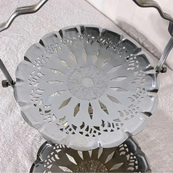 Vintage Silver Tone Three Tier Folding Dessert Sandwich  Serving Tray - Picture 9 of 16